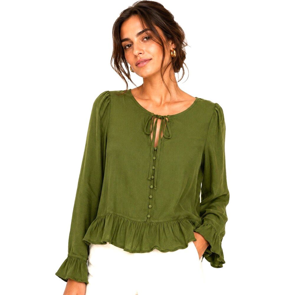 Parker Long Sleeve Ruffle Hem Blouse Women's Size L Green Tie Neck Modest NWT